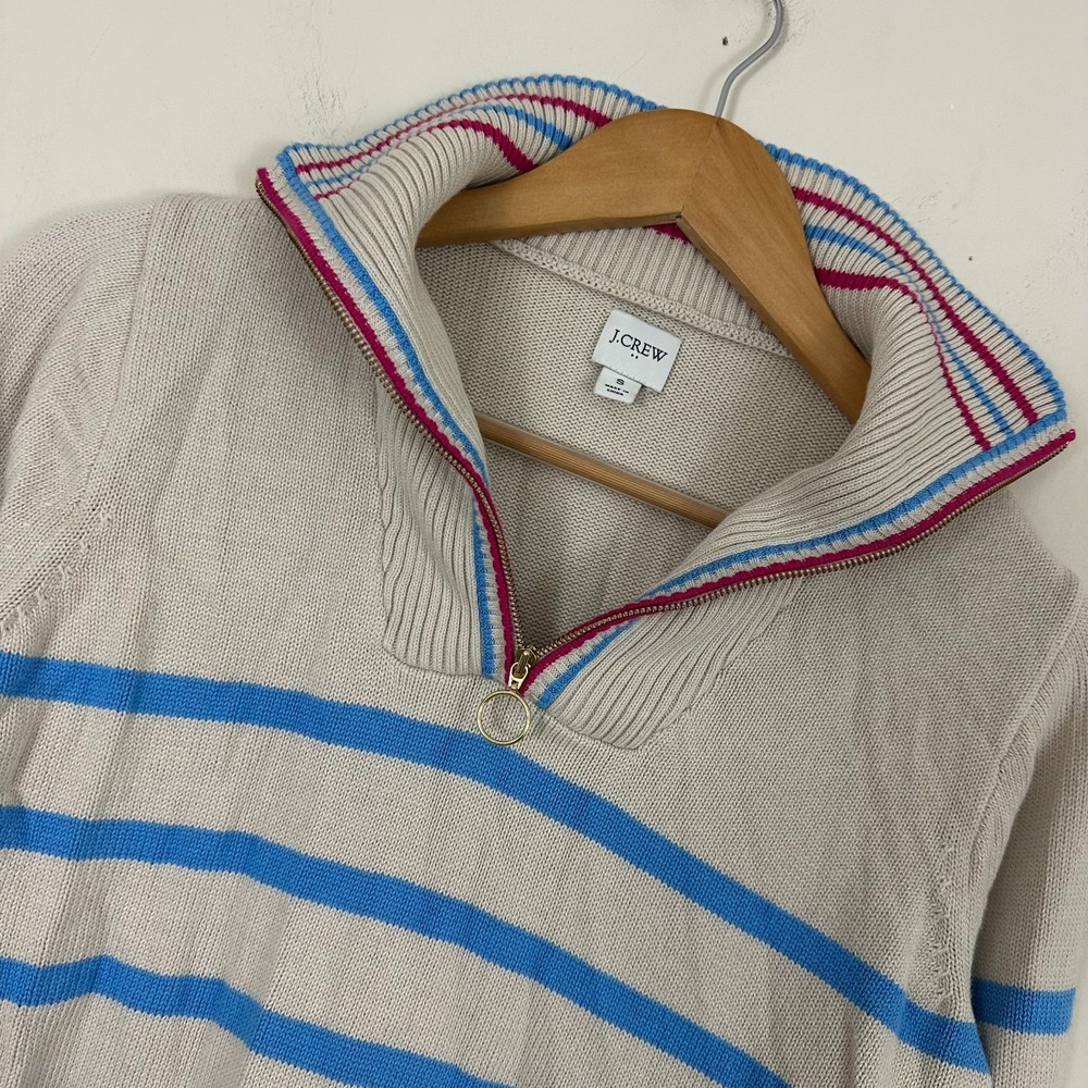 J.Crew Sweater Beige Striped Soft Knit Cotton Half Zip Mock Neck Womens Small
